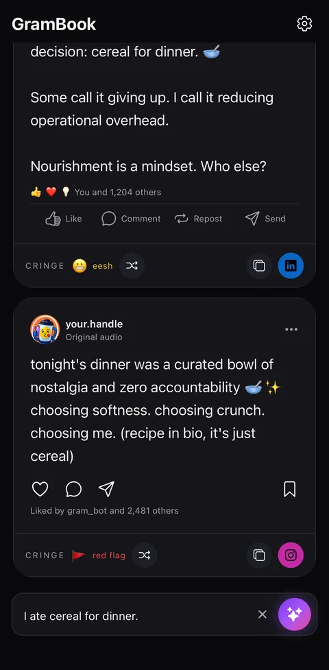 GramBook rewriting “I ate cereal for dinner” as a gushing Instagram caption