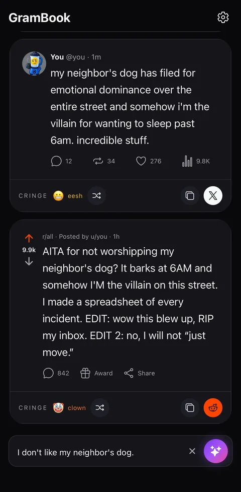 GramBook rewriting a complaint about a neighbor’s dog as a Reddit AITA post