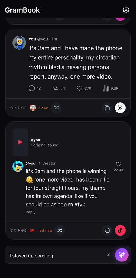 GramBook turning a plain thought into an unhinged TikTok caption