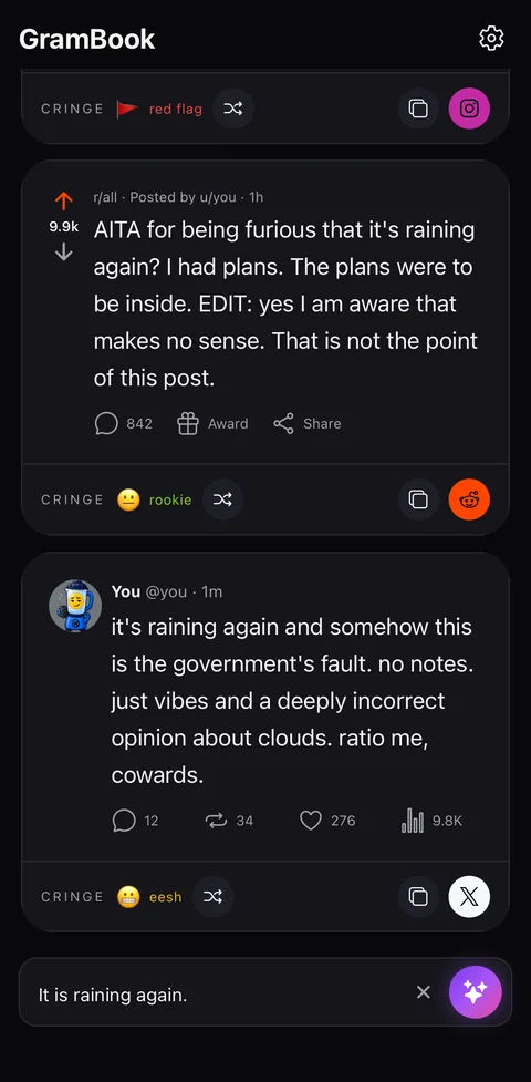 GramBook rewriting “it is raining again” as a terrible X take
